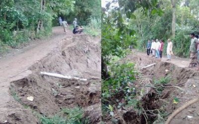 সিলেটের বিশ্বনাথে খাজাঞ্চী নদী গর্ভে তলিয়ে যাচ্ছে বাড়ি সহ তিন গ্রামের সংযোগ সড়ক